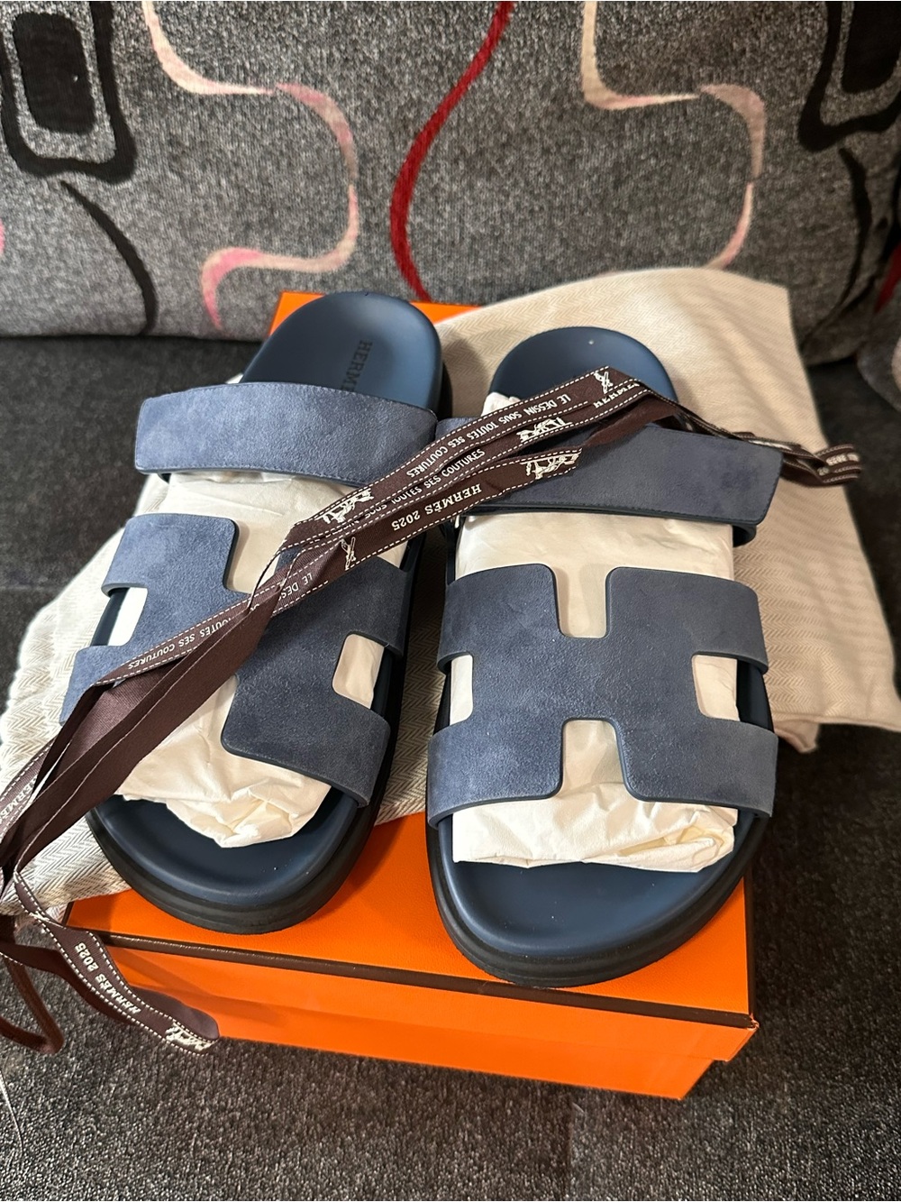 Hermes Blue Suede Oran Slide Sandals - Picture 4 of 8